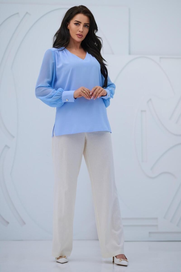 Elegancka bluzka damska z szyfonowym długim rękawem dekolt V mankiety z guzikiem - błękit